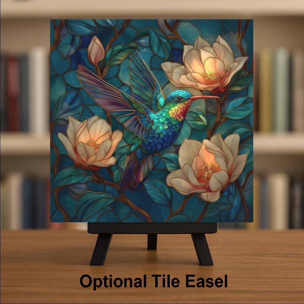 Hummingbird Stained Glass Style Ceramic Art Tile – Magnolia Botanical Wall Decor, Garden Bird Lover Gift