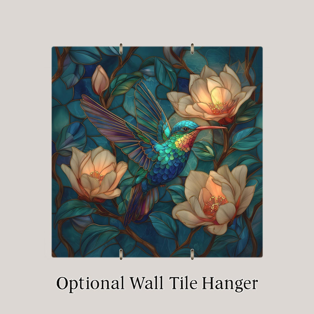 Hummingbird Stained Glass Style Ceramic Art Tile – Magnolia Botanical Wall Decor, Garden Bird Lover Gift