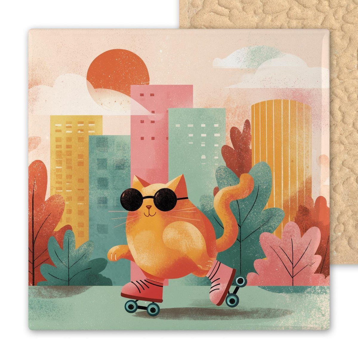 Retro roller-skating cat wall art ceramic tile with sunglasses and colorful cityscape design. A playful pop art accent and fun gift for cat lovers. Optional tile wall hanger, easel tile stand, or cork backing available.