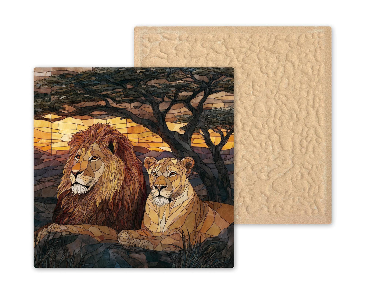 Lioness & Lion Wall Art Ceramic Tile – Stained Glass Style Wildlife Wall Decor, Symbol of Strength Partnership, Meaningful Home Decor Gift