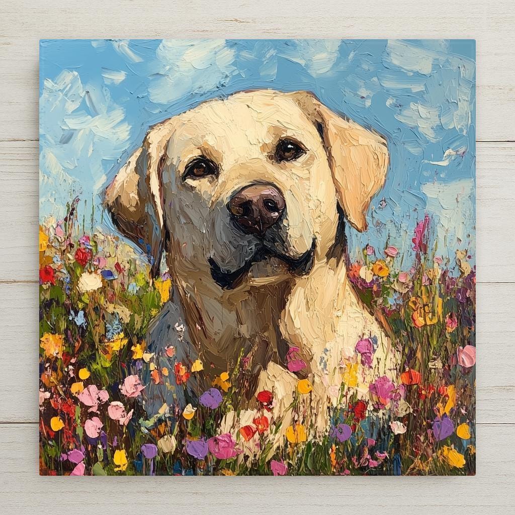 Impressionist oil painting style ceramic art tile of a yellow Labrador in a colorful wildflower meadow under a blue sky — a dog memorial and remembrance keepsake for pet loss.