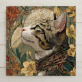 Art Nouveau cat wall art ceramic tile with lilies and golden details in stained glass style. A glowing feline accent for vintage or eclectic home decor. Optional tile wall hanger, easel tile stand, or cork backing available