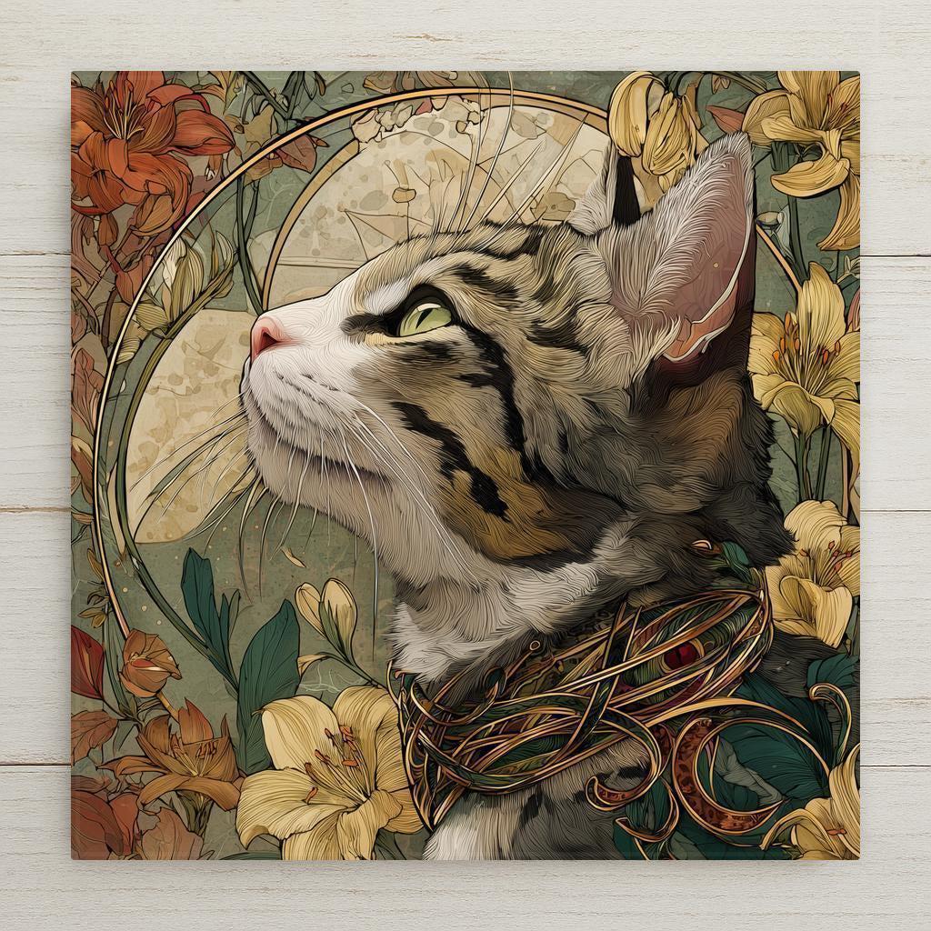 Art Nouveau cat wall art ceramic tile with lilies and golden details in stained glass style. A glowing feline accent for vintage or eclectic home decor. Optional tile wall hanger, easel tile stand, or cork backing available