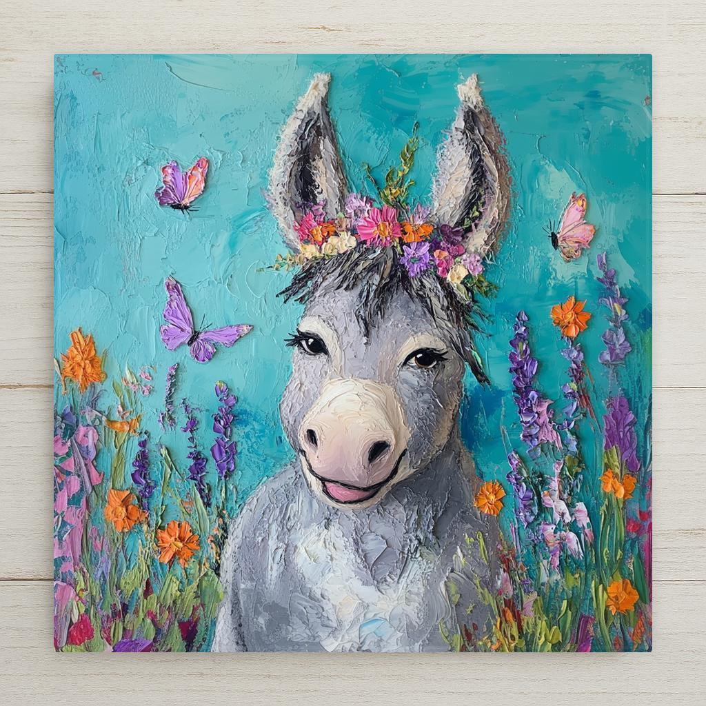 This Smiling Donkey Ceramic Tile features a flower-crowned gray donkey surrounded by butterflies and florals. Perfect for spring or farm decor. Optional tile wall hanger, cork backing, or stand available.
