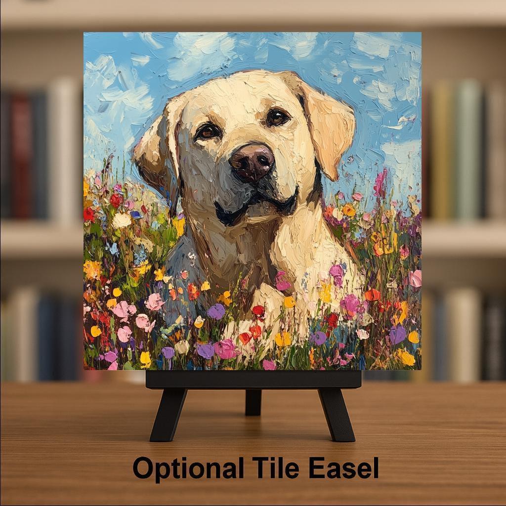Yellow Lab Memorial Ceramic Art Tile – Dog Remembrance Rainbow Bridge Wall Decor, Labrador Oil Painting Pet Loss Keepsake