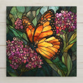 Orange monarch butterfly resting on pink flowers with green foliage in stained glass style, ceramic tile wall art.