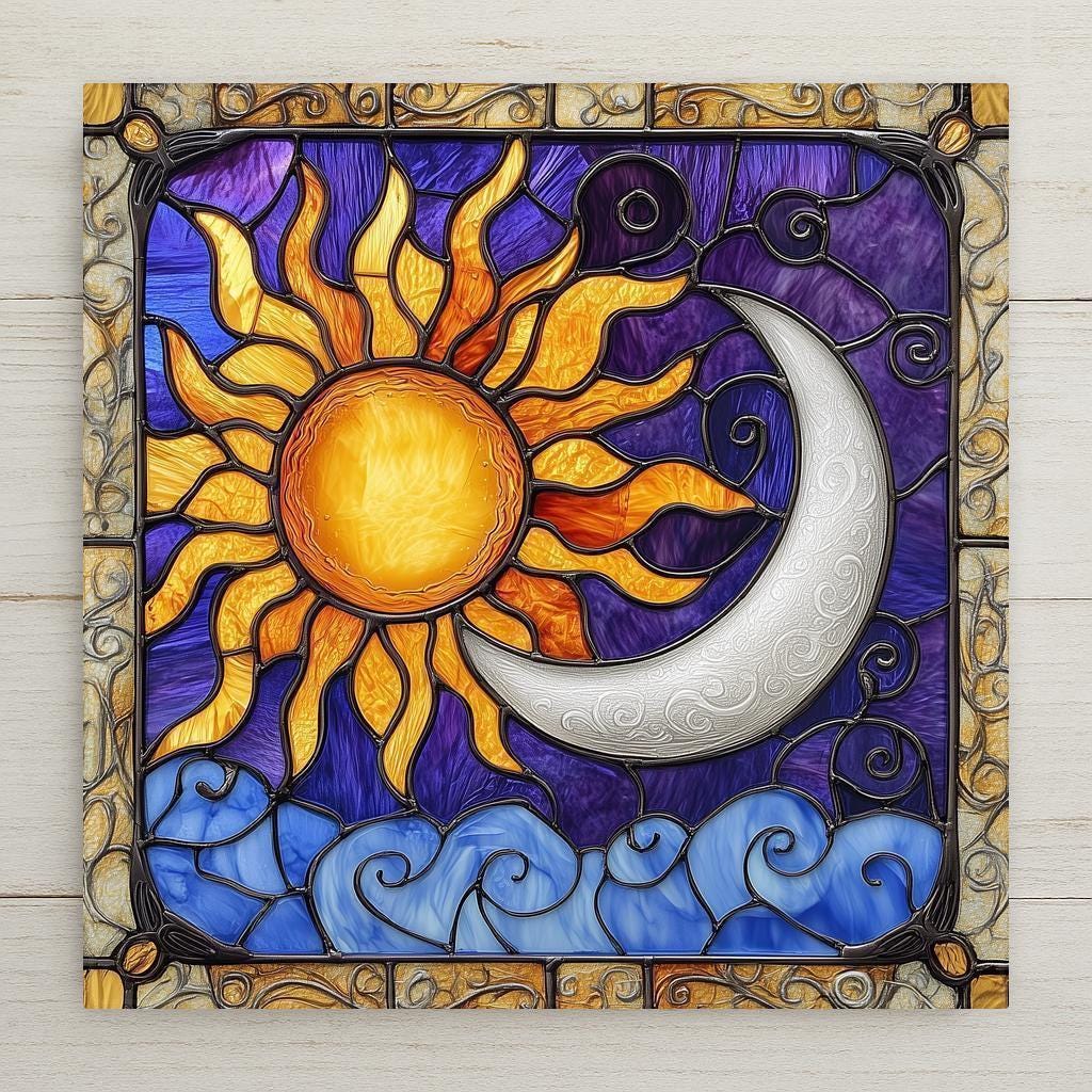 Sun and moon ceramic tile in stained glass style. Features celestial faces, glowing gold and moonlight tones. A cosmic gift for home décor lovers.