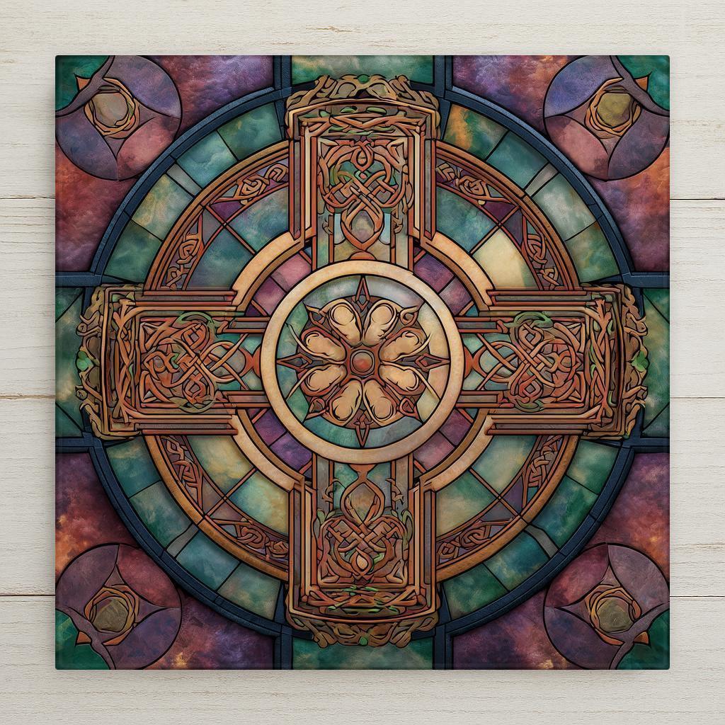Celtic cross ceramic tile wall art in a stained glass style featuring intricate Irish knotwork and a ringed cross design. This is a permanent print on ceramic tile, not real stained glass or mosaic. Rich jewel tones and medieval detailing make it ideal for spiritual wall decor, Irish home decor, or meaningful gift displays. Optional wall hanger, stand, cork backing, and premium frame available.