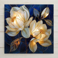 Two glowing white magnolia flowers in stained glass style with warm golden centers against deep sapphire blue background, ceramic tile wall art.