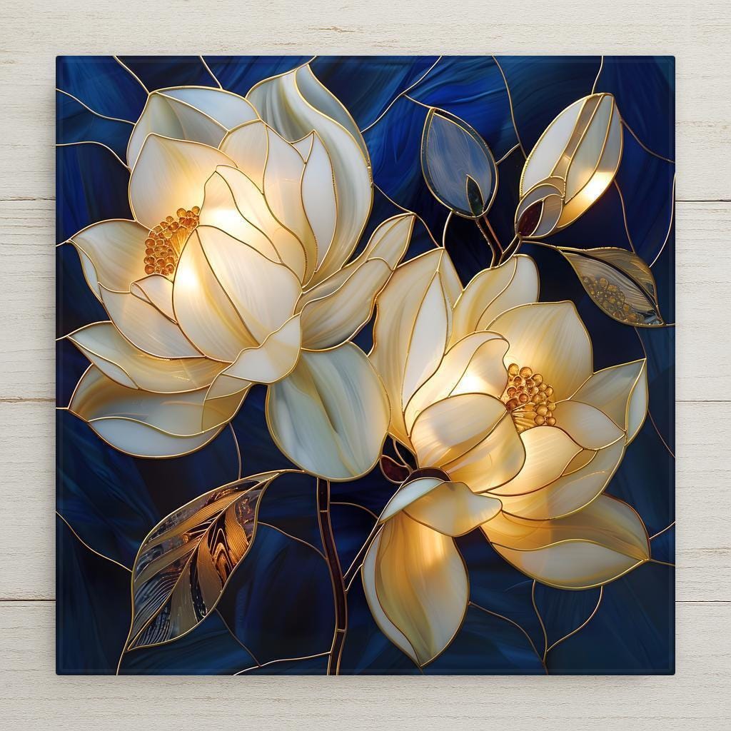 Two glowing white magnolia flowers in stained glass style with warm golden centers against deep sapphire blue background, ceramic tile wall art.