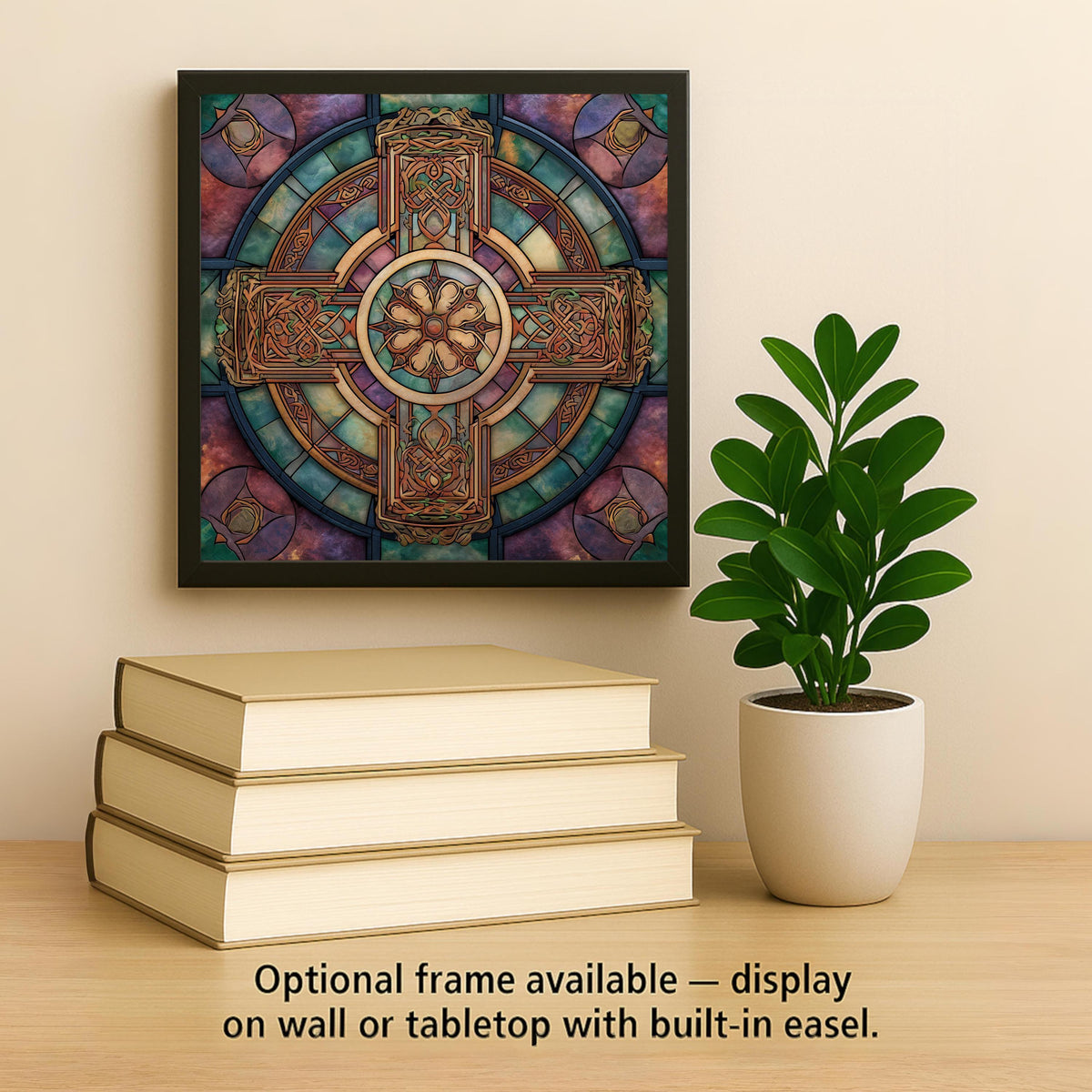 Celtic Cross Ceramic Tile Wall Art – Stained Glass Style Irish Knot Design, Spiritual Wall Decor, Medieval Christian Home Decor