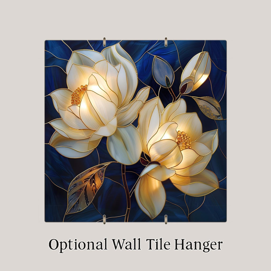 White Magnolia Wall Art Ceramic Tile – Stained Glass Blue Floral Decor, Elegant Botanical Home Decor