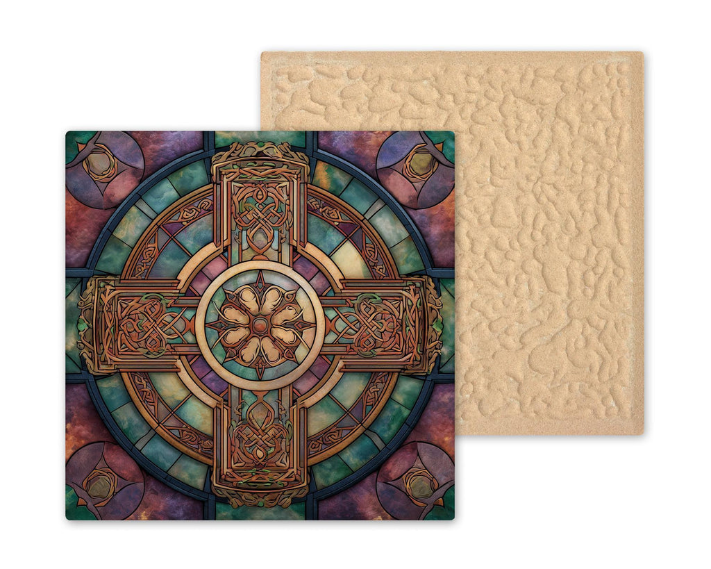 Celtic Cross Ceramic Tile Wall Art – Stained Glass Style Irish Knot Design, Spiritual Wall Decor, Medieval Christian Home Decor
