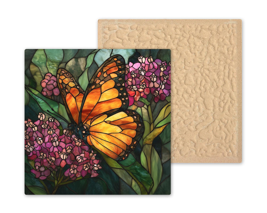 Monarch Butterfly Wall Art Ceramic Tile Stained Glass Style Floral Decor Orange Butterfly Garden Art Cottage Gift Tile