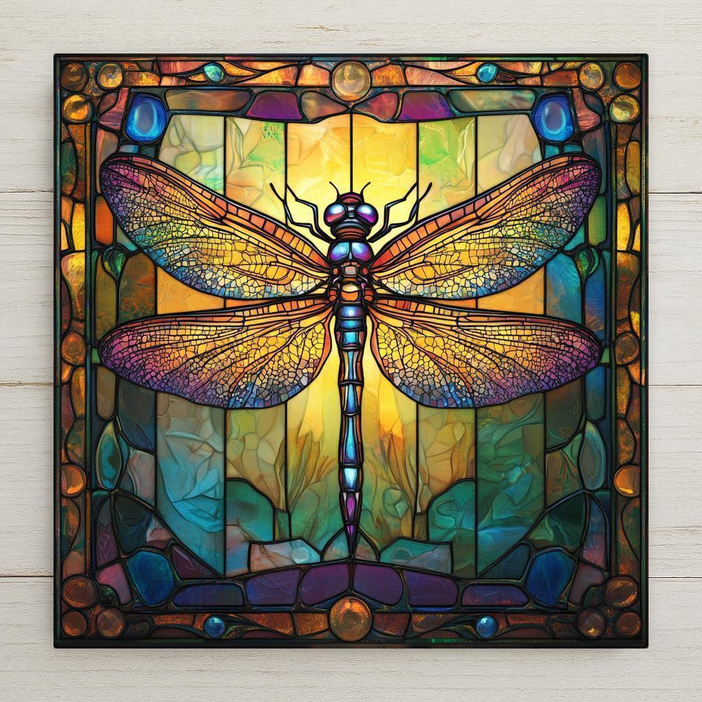 Stained glass-style dragonfly ceramic tile with gold and purple iridescence. Art Nouveau and William Morris inspired. Perfect for spiritual or nature decor. Glossy ceramic finish enhances detail and color. A meaningful gift for dragonfly lovers.