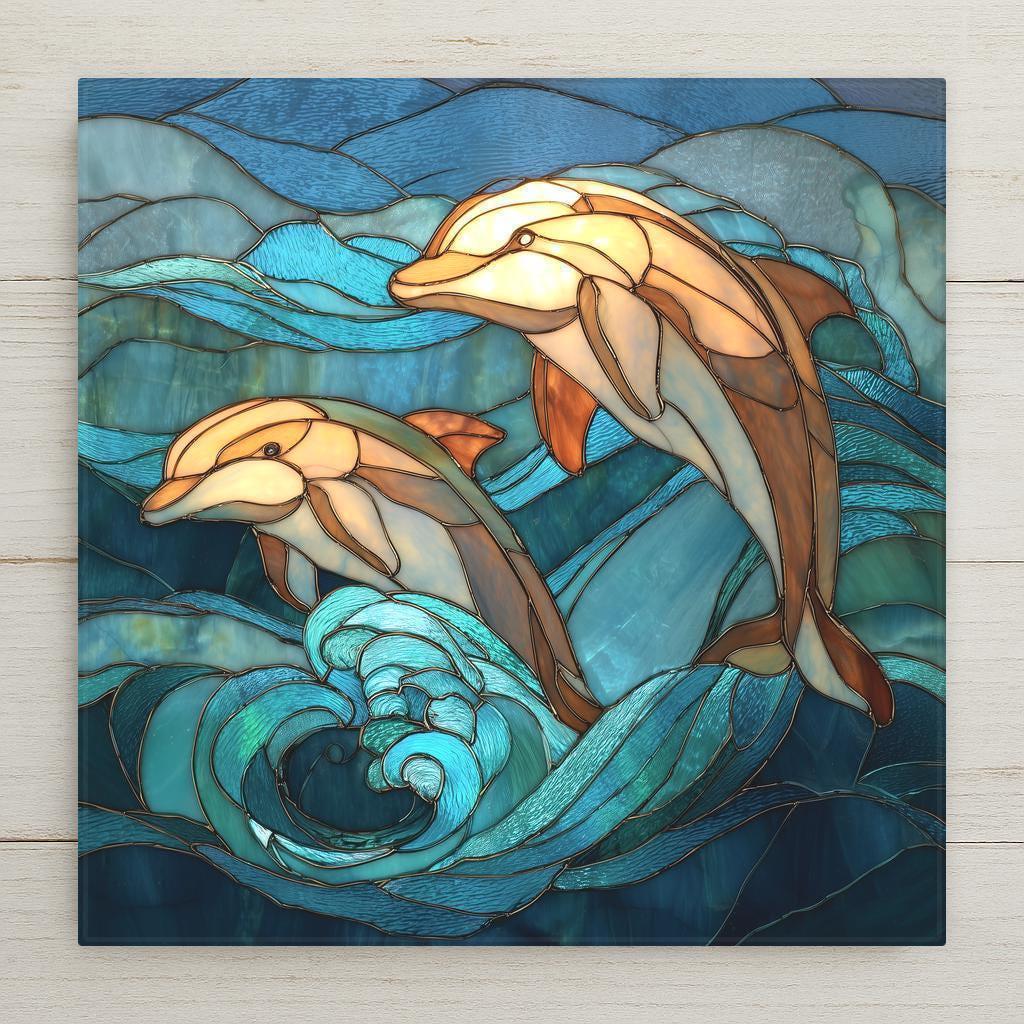 Two stained glass-style dolphins swimming through teal ocean waves, glowing with warm light against layered blue water textures.