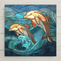 Two stained glass-style dolphins swimming through teal ocean waves, glowing with warm light against layered blue water textures.