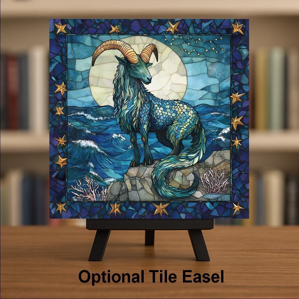 Capricorn Zodiac Stained Glass Style Ceramic Art Tile – Sea Goat Celestial Wall Decor, Coastal Moon Astrology Birthday Accent