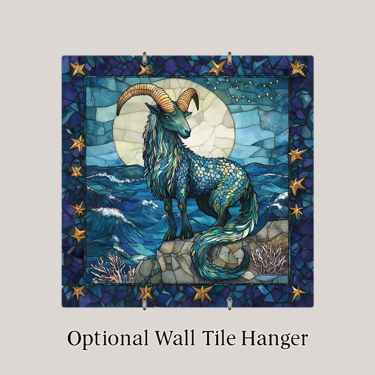 Capricorn Zodiac Stained Glass Style Ceramic Art Tile – Sea Goat Celestial Wall Decor, Coastal Moon Astrology Birthday Accent