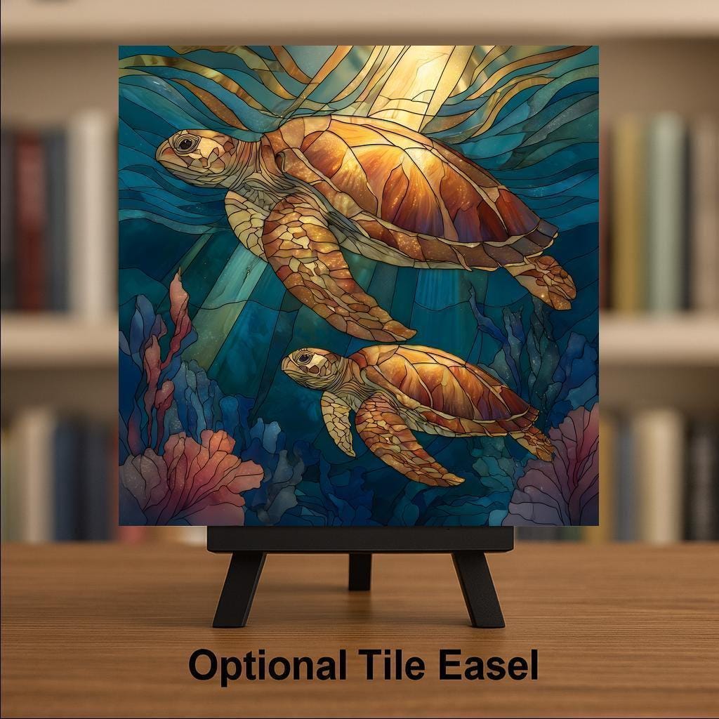 Sea Turtle Stained Glass Style Ceramic Art Tile – Coastal Ocean Wall Decor, Nautical Beach House Gift