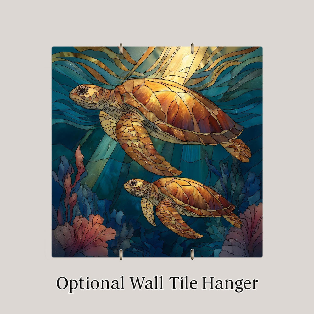 Sea Turtle Stained Glass Style Ceramic Art Tile – Coastal Ocean Wall Decor, Nautical Beach House Gift