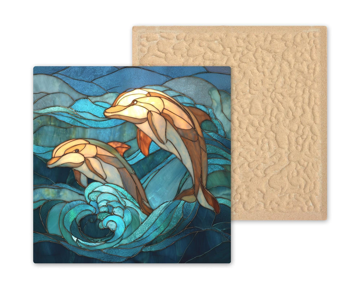 Dolphin Wall Art Ceramic Tile Stained Glass Style Ocean Gift Coastal Waves Decor Nature Art Wildlife