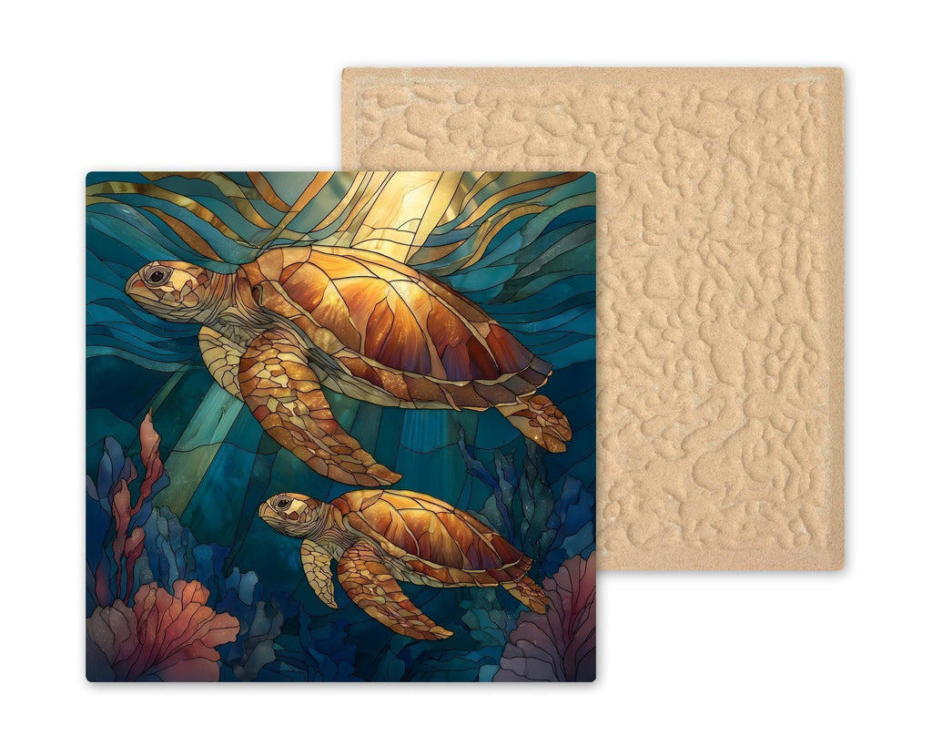 Sea Turtle Stained Glass Style Ceramic Art Tile – Coastal Ocean Wall Decor, Nautical Beach House Gift