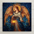 A stained glass–style angel holding a glowing lantern, surrounded by golden wings and deep blue starry skies. Printed on ceramic tile with vivid permanent color. Optional tile wall hanger, easel stand, cork backing, and premium frame available.