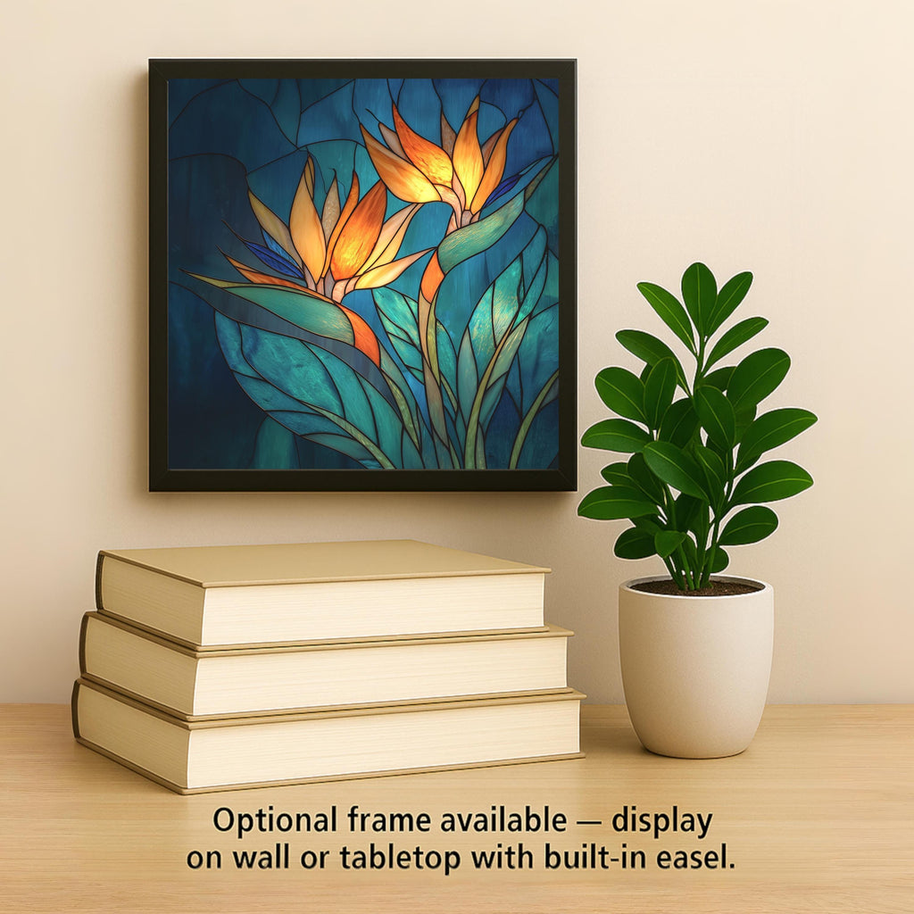 Vibrant Bird of Paradise stained-glass style ceramic tile art. Tropical orange, gold, and teal hues with luminous detail. Optional frame, wall hanger, easel, or cork backing available. A stunning tropical gift and elegant home accent by Pacific Impressions.