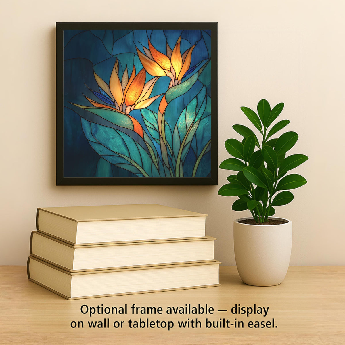 Vibrant Bird of Paradise stained-glass style ceramic tile art. Tropical orange, gold, and teal hues with luminous detail. Optional frame, wall hanger, easel, or cork backing available. A stunning tropical gift and elegant home accent by Pacific Impressions.