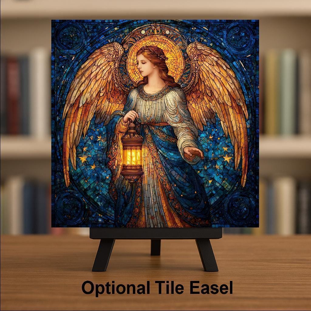 Lantern Angel Ceramic Art Tile – Stained Glass Style Spiritual Wall Decor, Christian Guardian Angel Gift