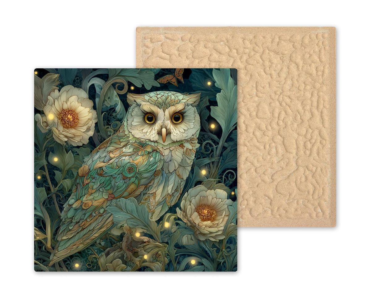 Owl Stained Glass Style Ceramic Art Tile – Botanical Nature Wall Decor, Woodland Owl Lover Gift