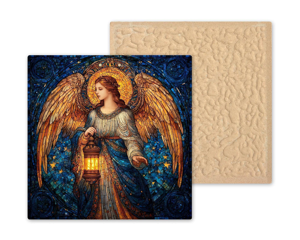 Lantern Angel Ceramic Art Tile – Stained Glass Style Spiritual Wall Decor, Christian Guardian Angel Gift