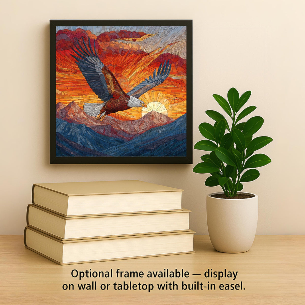 Bald Eagle Stained Glass Style Ceramic Art Tile – Mountain Sunset Wall Decor, Patriotic Wildlife Nature Gift