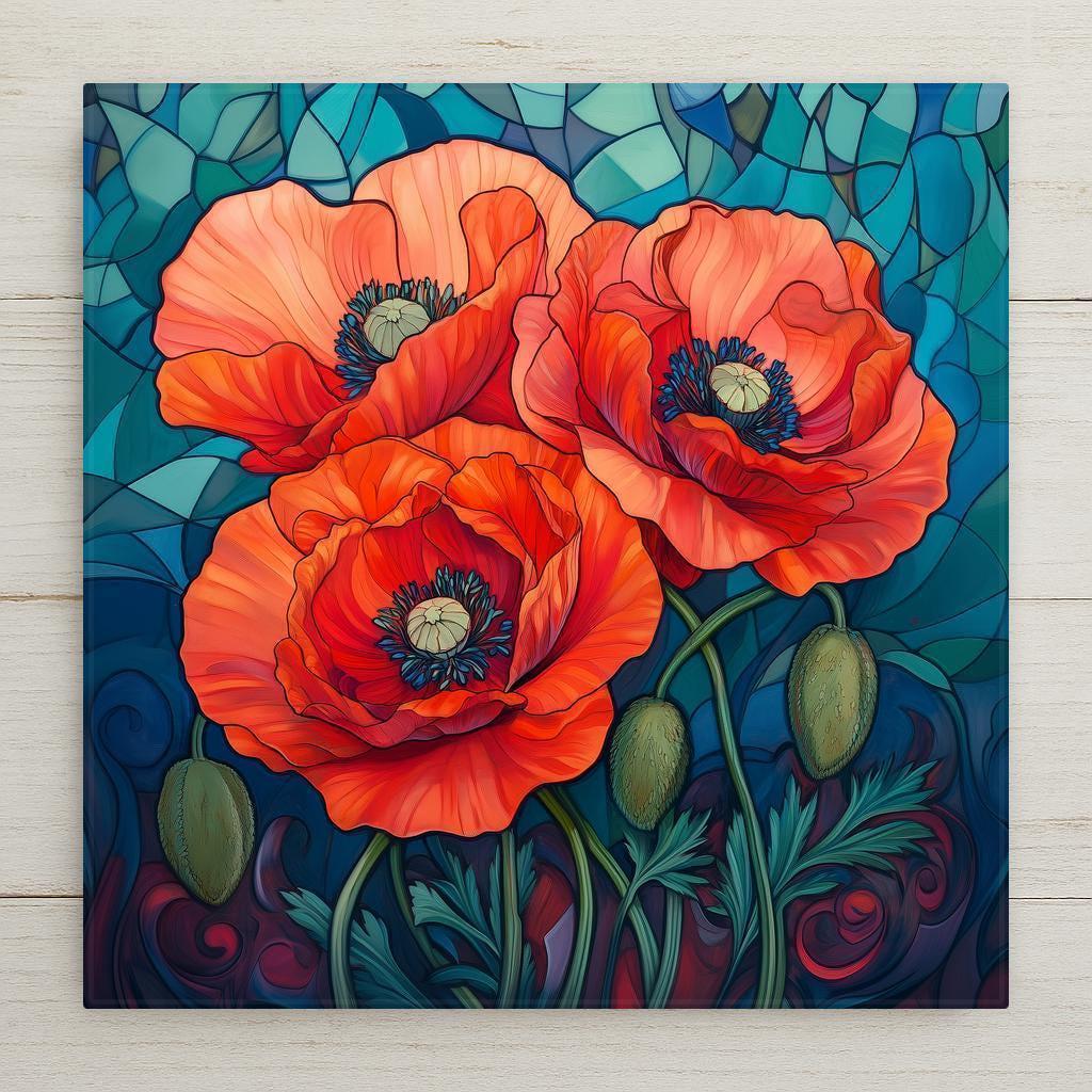 Stained glass style ceramic art tile of red poppies with green buds on a teal glass background — an August birth flower and poppy floral wall decor.