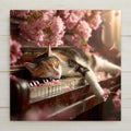 Sleeping cat on piano wall art ceramic tile with cherry blossoms in stained glass style. A calming gift for cat lovers and music fans. Optional tile wall hanger, easel tile stand, or cork backing available for home decor.