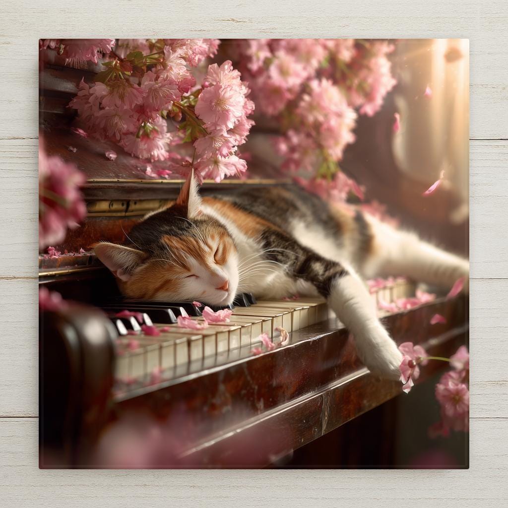 Sleeping cat on piano wall art ceramic tile with cherry blossoms in stained glass style. A calming gift for cat lovers and music fans. Optional tile wall hanger, easel tile stand, or cork backing available for home decor.