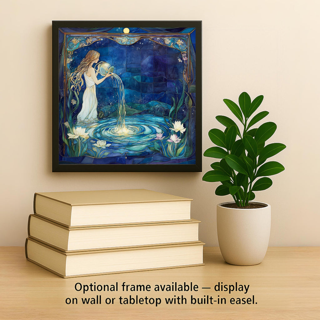 Aquarius Zodiac Stained Glass Style Ceramic Art Tile – Art Nouveau Celestial Astrology Wall Decor, Goddess Birthday Accent