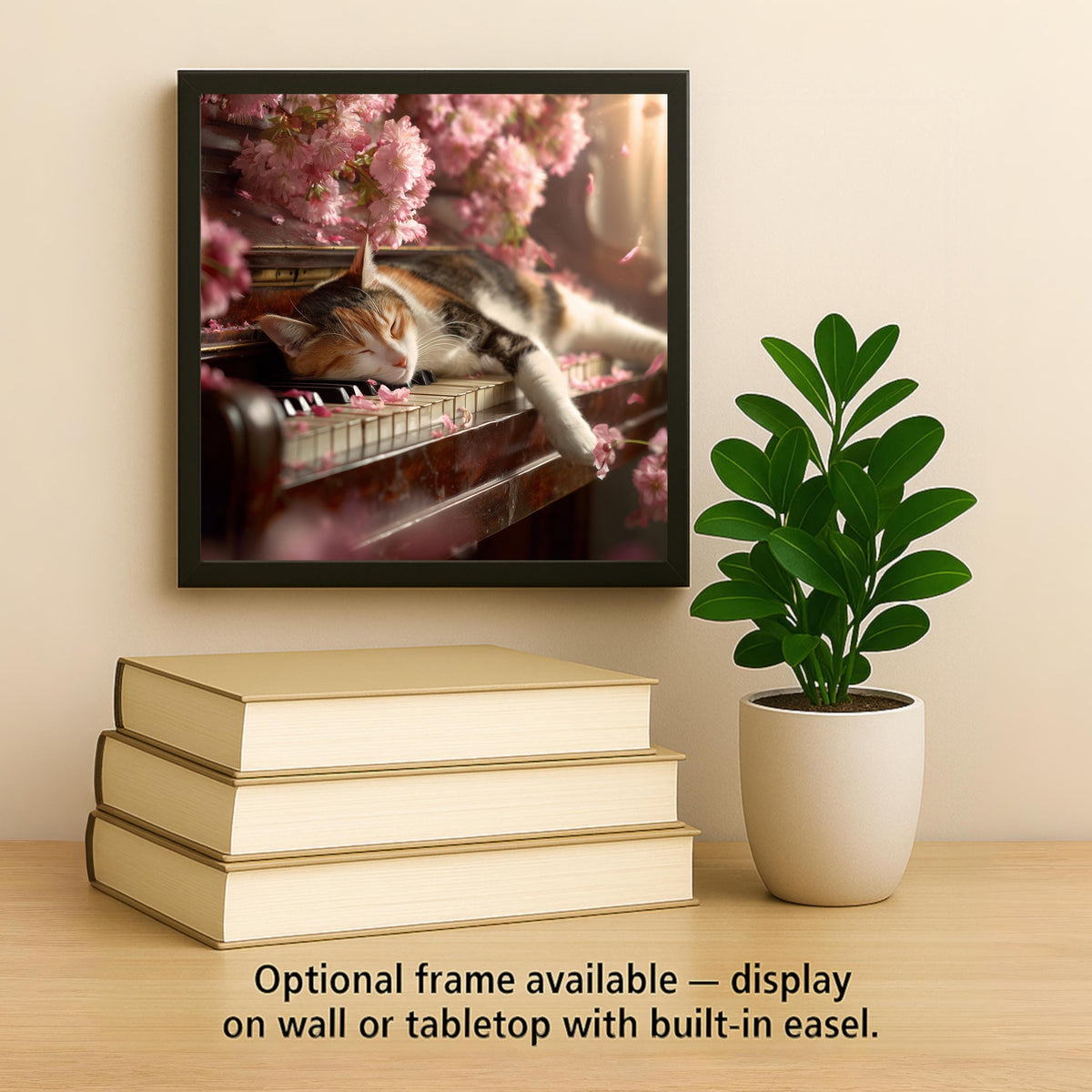 Sleeping Cat Piano Ceramic Art Tile – Stained Glass Style Cherry Blossom Wall Decor, Cat Music Lover Gift