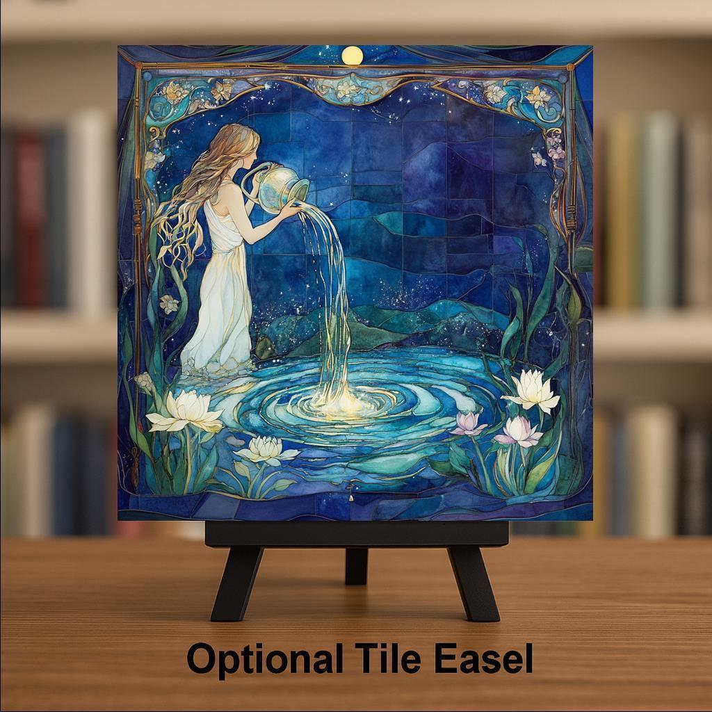 Aquarius Zodiac Stained Glass Style Ceramic Art Tile – Art Nouveau Celestial Astrology Wall Decor, Goddess Birthday Accent