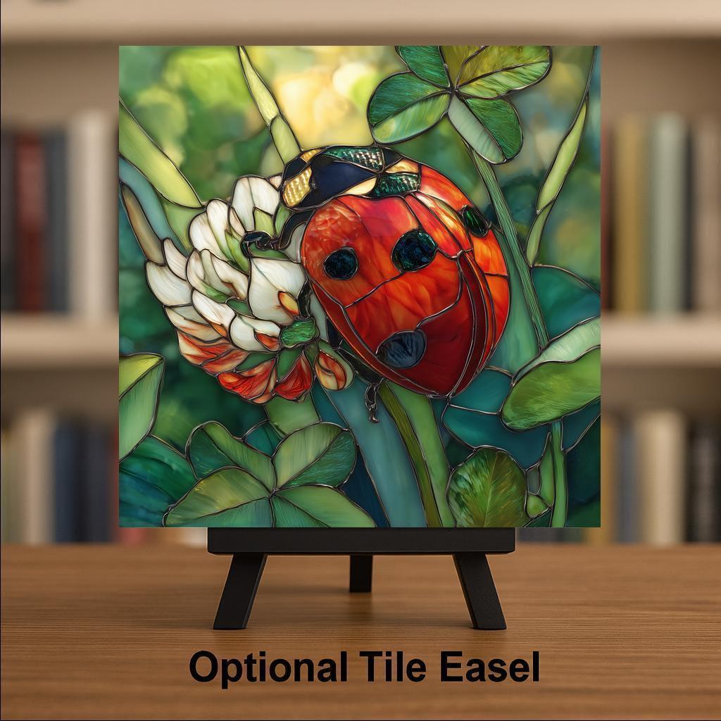 Ladybug Wall Art Ceramic Tile Stained Glass Style Clover Decor Lucky Garden Insect Art Cottagecore Gift Tile