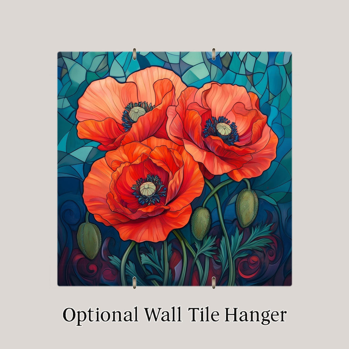 Red Poppy Stained Glass Style Ceramic Art Tile – August Birth Flower Wall Decor, Poppy Floral Remembrance Accent