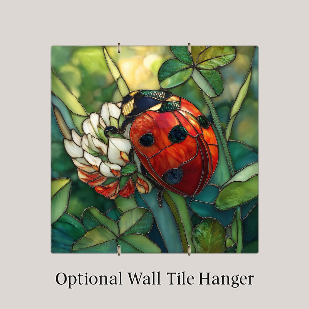 Ladybug Wall Art Ceramic Tile Stained Glass Style Clover Decor Lucky Garden Insect Art Cottagecore Gift Tile