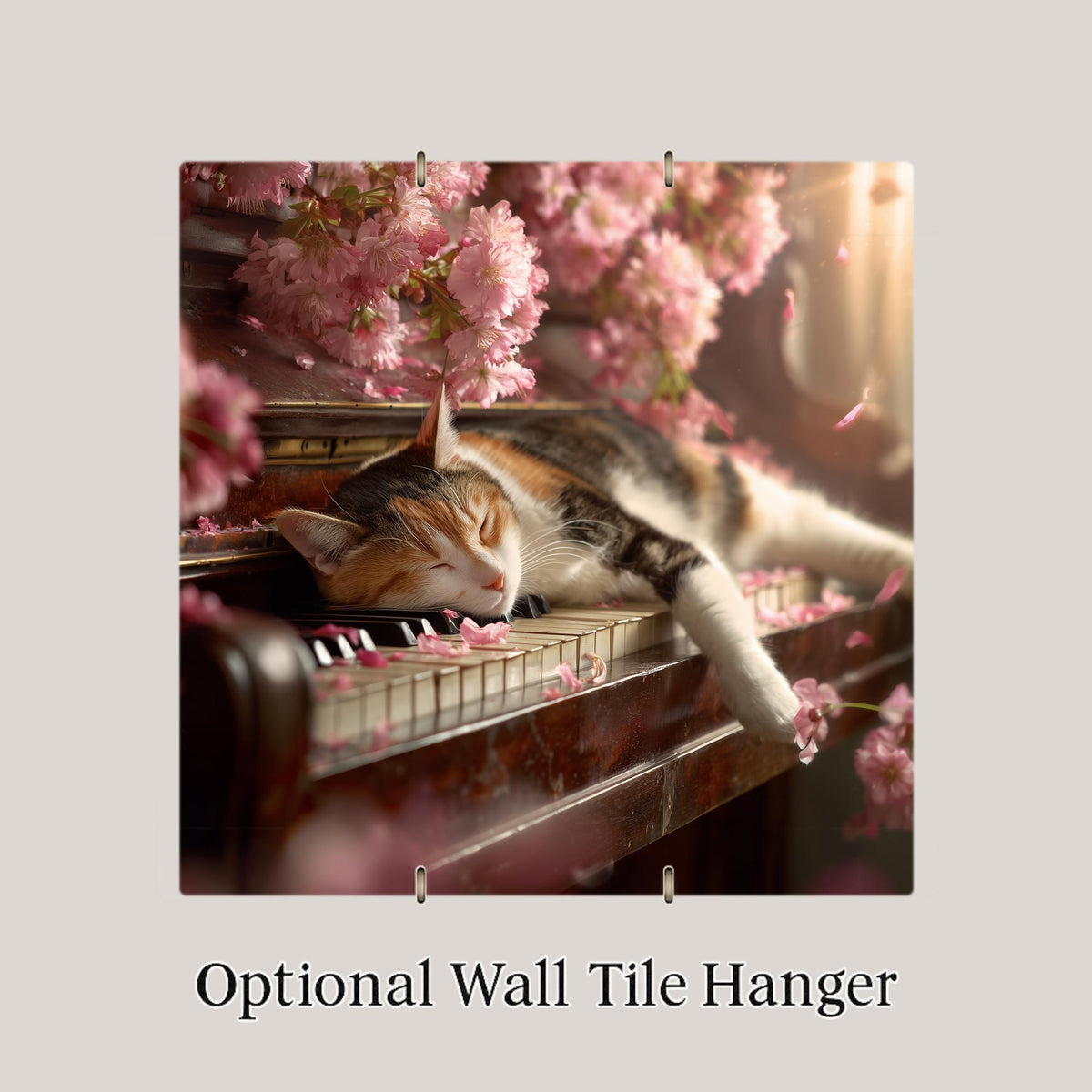 Sleeping Cat Piano Ceramic Art Tile – Stained Glass Style Cherry Blossom Wall Decor, Cat Music Lover Gift