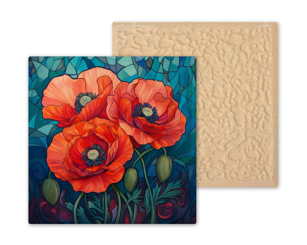 Red Poppy Stained Glass Style Ceramic Art Tile – August Birth Flower Wall Decor, Poppy Floral Remembrance Accent
