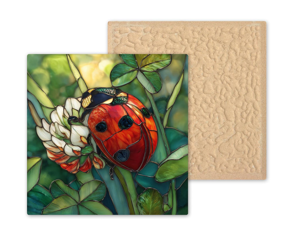 Ladybug Wall Art Ceramic Tile Stained Glass Style Clover Decor Lucky Garden Insect Art Cottagecore Gift Tile
