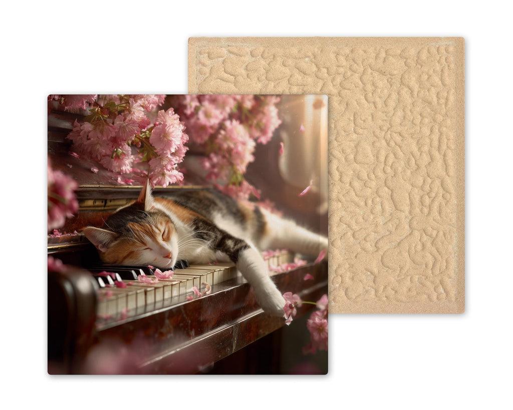 Sleeping Cat Piano Ceramic Art Tile – Stained Glass Style Cherry Blossom Wall Decor, Cat Music Lover Gift