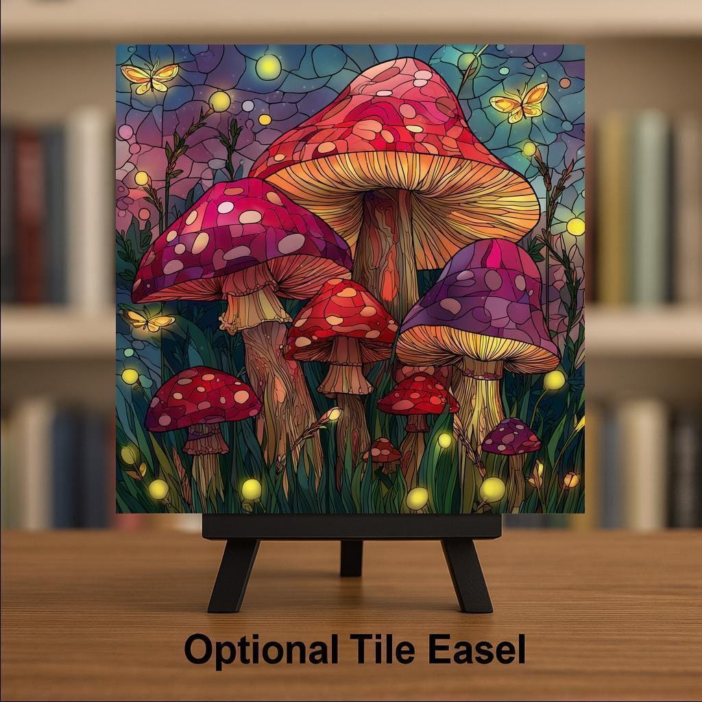 Fairy Garden Mushroom Wall Art Ceramic Tile Cottagecore Gift Stained Glass Decor Whimsical Nature Art Gift Tile