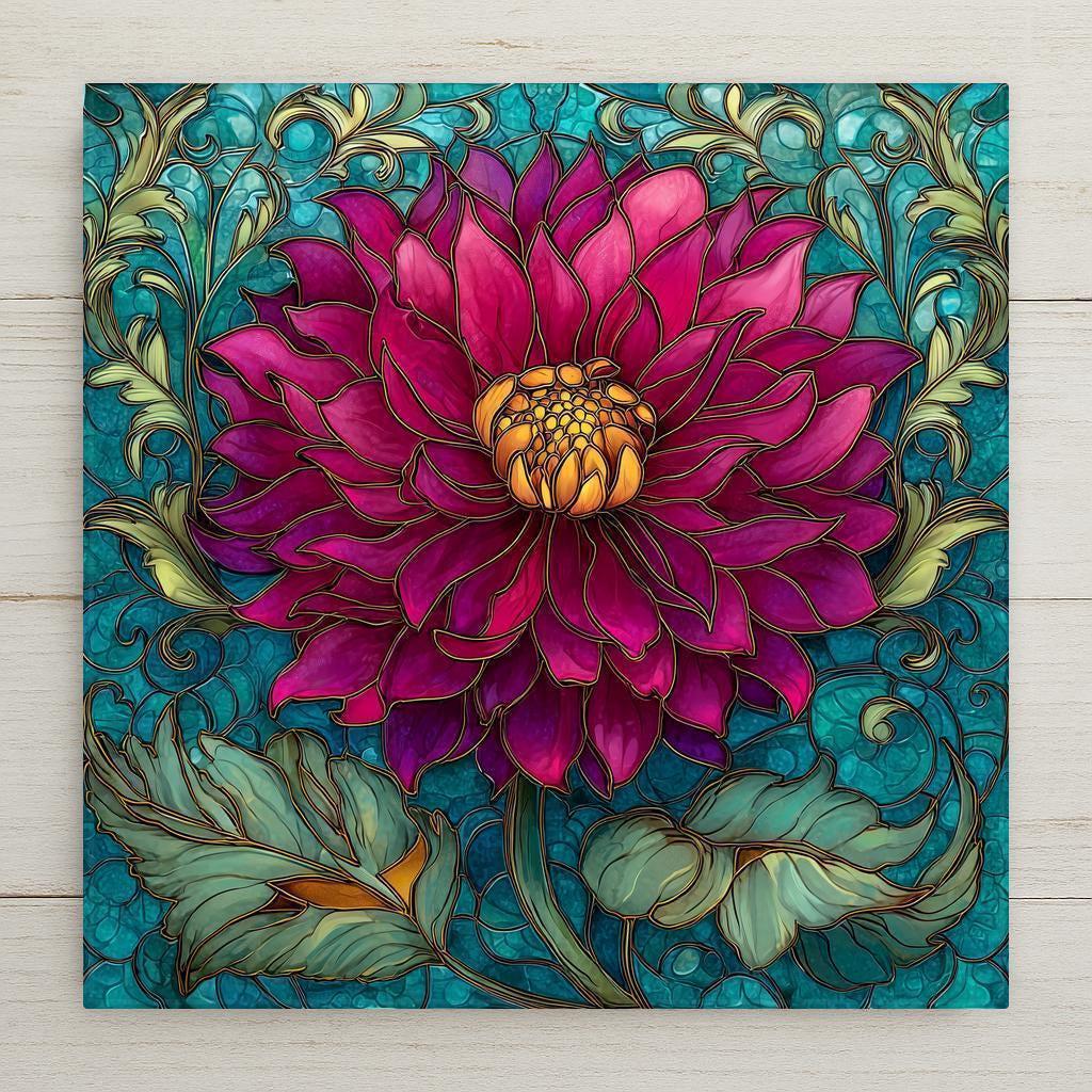Magenta dahlia flower in stained glass style with teal background and ornate botanical details, ceramic tile wall art.