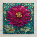 Magenta dahlia flower in stained glass style with teal background and ornate botanical details, ceramic tile wall art.
